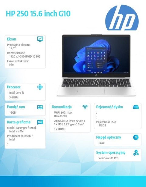 Laptop HP 250 G10 15,6 " Intel Core i5 16 GB / 512 GB srebrny