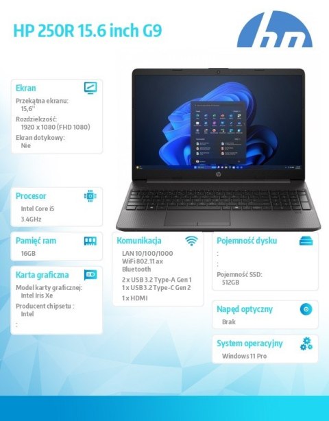 Laptop HP HP_250_G9_AL0E5AT 15,6 " Intel Core i5 16 GB / 512 GB czarny
