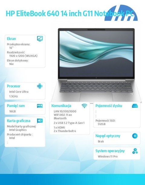Laptop HP EliteBook 640 G11 14 " Intel Core Ultra 5 16 GB / 512 GB srebrny