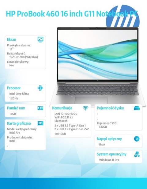 Laptop HP ProBook 460 G11 16 " Intel Core Ultra 5 16 GB / 512 GB srebrny