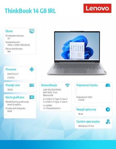 Laptop Lenovo ThinkBook 14 G8 IRL 14 " Intel Core Ultra 7 16 GB / 512 GB szary