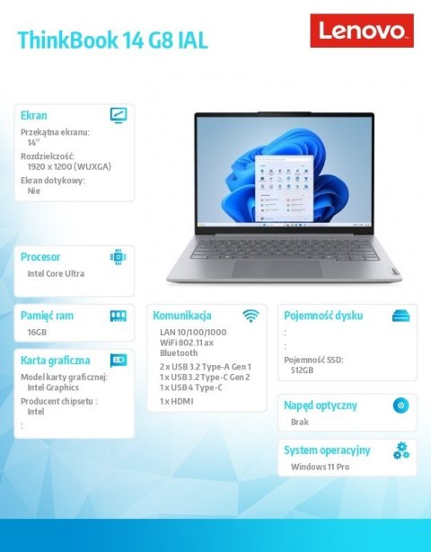 LENOVO ThinkBook 14 G8 IAL Intel Core Ultra 5 225U 14inch 16GB 512GB SSD