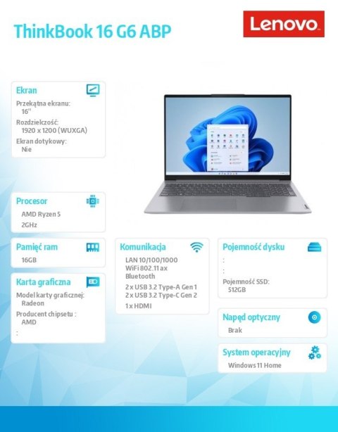 Laptop Lenovo ThinkBook 16 G6 16 " AMD Ryzen 5 16 GB / 512 GB szary
