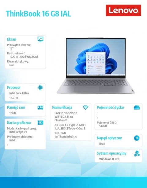 Laptop Lenovo ThinkBook 16 G8 IAL 16 " Intel Core Ultra 5 16 GB / 512 GB szary