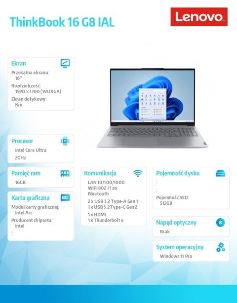 Laptop Lenovo ThinkBook 16 G8 IAL 16 " Intel Core Ultra 7 16 GB / 512 GB szary