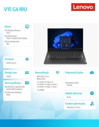Laptop Lenovo V15 G4 IRU 15,6 " Intel Core i7 16 GB / 512 GB czarny