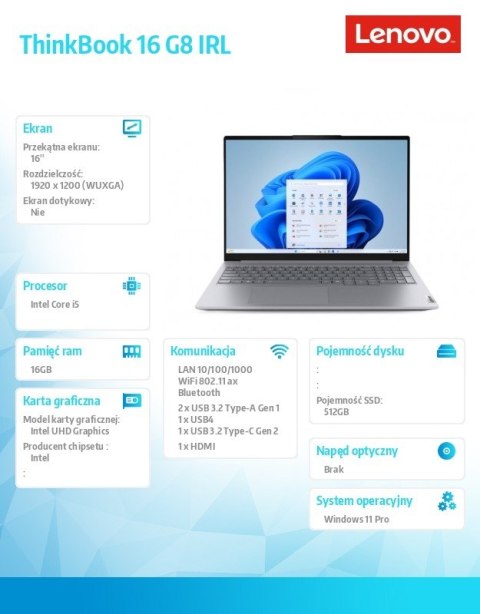 Laptop Lenovo ThinkBook 16 G8 16 " Intel Core i5 16 GB / 512 GB szary